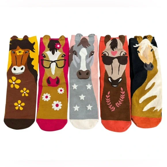 NEW 5 pairs horse print colorful crew socks women’s size 6-9.5 stocking stuffer - Picture 8 of 16